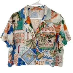 Bellambra Italy Linen Crop Button Shirt L Mediterranean Spain Print Coastal